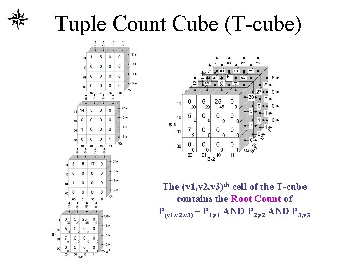 Tuple Count Cube (T-cube) The (v 1, v 2, v 3)th cell of the