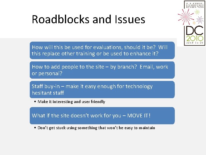 Roadblocks and Issues How will this be used for evaluations, should it be? Will