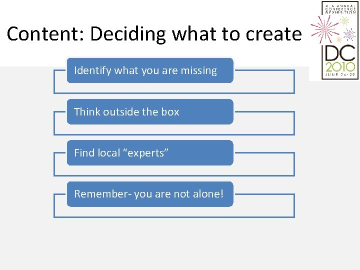 Content: Deciding what to create Identify what you are missing Think outside the box