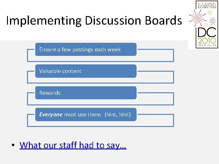 Implementing Discussion Boards Ensure a few postings each week Valuable content Rewards Everyone must