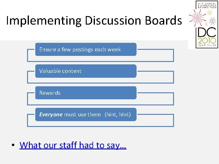 Implementing Discussion Boards Ensure a few postings each week Valuable content Rewards Everyone must