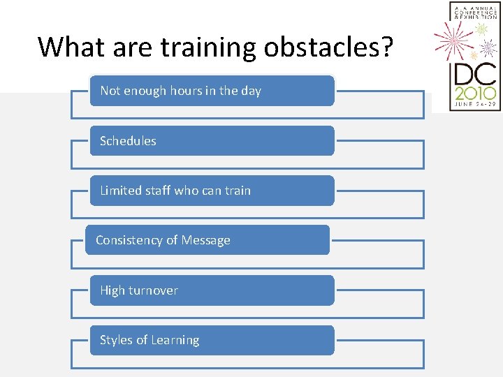 What are training obstacles? Not enough hours in the day Schedules Limited staff who