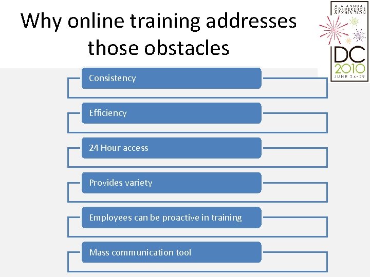 Why online training addresses those obstacles Consistency Efficiency 24 Hour access Provides variety Employees
