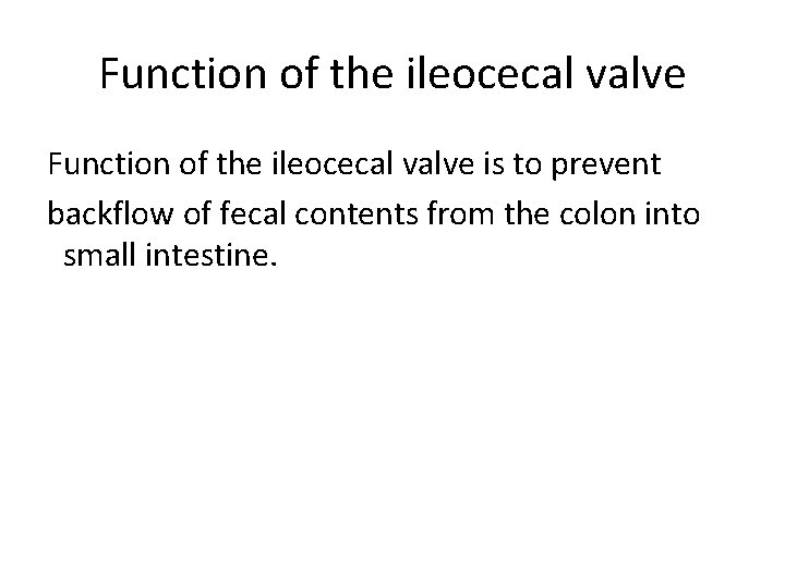 Function of the ileocecal valve is to prevent backflow of fecal contents from the