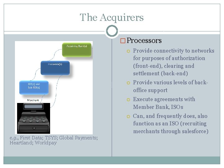 The Acquirers � Processors e. g. , First Data; TSYS; Global Payments; Heartland; Worldpay