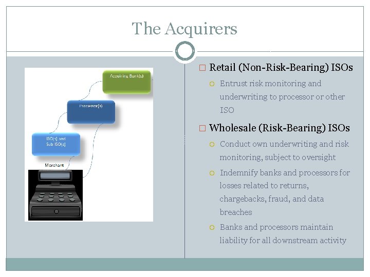 The Acquirers � Retail (Non-Risk-Bearing) ISOs Entrust risk monitoring and underwriting to processor or
