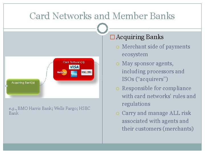 Card Networks and Member Banks � Acquiring Banks e. g. , BMO Harris Bank;