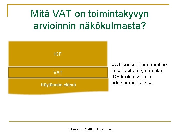 Mitä VAT on toimintakyvyn arvioinnin näkökulmasta? ICF VAT Käytännön elämä VAT konkreettinen väline Joka