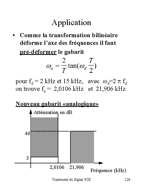 Application • Comme la transformation bilinéaire déforme l’axe des fréquences il faut pré-déformer le