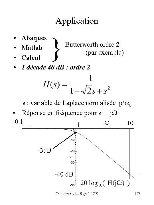 Application • • } Abaques Butterworth ordre 2 Matlab (par exemple) Calcul 1 décade