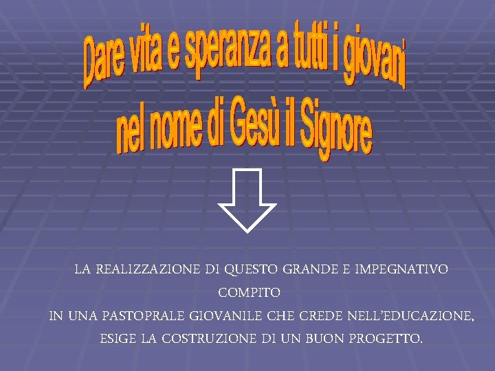 LA REALIZZAZIONE DI QUESTO GRANDE E IMPEGNATIVO COMPITO IN UNA PASTOPRALE GIOVANILE CHE CREDE