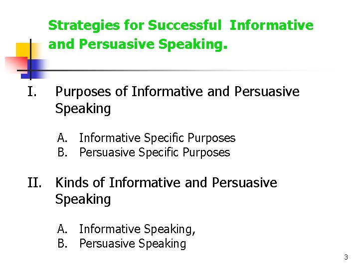 Strategies for Successful Informative and Persuasive Speaking. I. Purposes of Informative and Persuasive Speaking Strategies for Successful Informative and Persuasive Speaking. I. Purposes of Informative and Persuasive Speaking