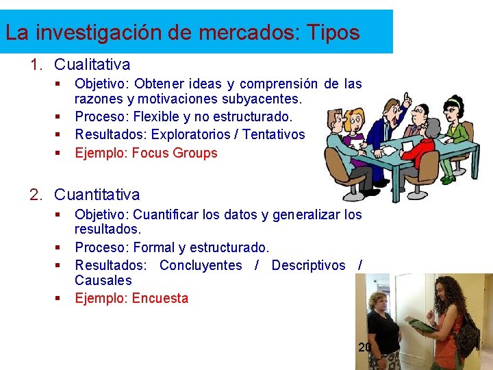 La investigación de mercados: Tipos 1. Cualitativa § § Objetivo: Obtener ideas y comprensión