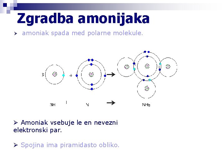 Zgradba amonijaka Ø amoniak spada med polarne molekule. Ø Amoniak vsebuje le en nevezni Zgradba amonijaka Ø amoniak spada med polarne molekule. Ø Amoniak vsebuje le en nevezni