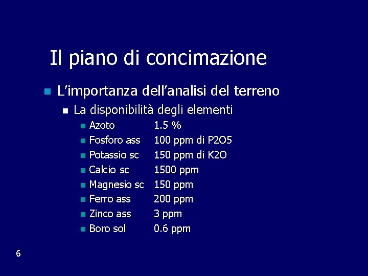 Il piano di concimazione n L’importanza dell’analisi del terreno n La disponibilità degli elementi