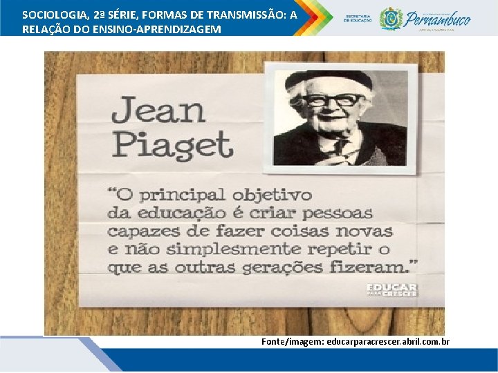 SOCIOLOGIA, 2ª SÉRIE, FORMAS DE TRANSMISSÃO: A RELAÇÃO DO ENSINO-APRENDIZAGEM Fonte/imagem: educarparacrescer. abril. com.