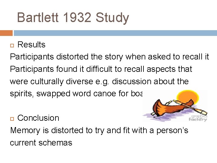 Bartlett 1932 Study Results Participants distorted the story when asked to recall it Participants