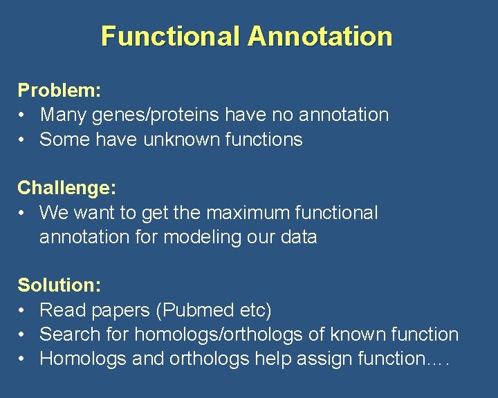 Functional Annotation Problem: • Many genes/proteins have no annotation • Some have unknown functions