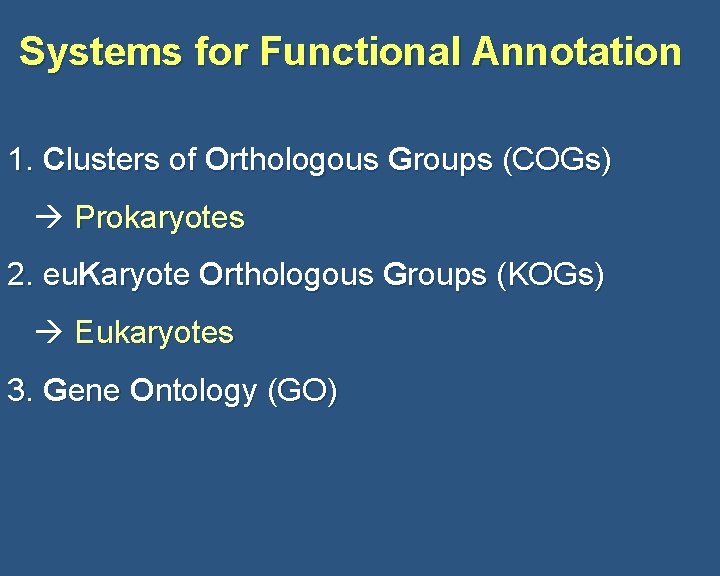 Systems for Functional Annotation 1. Clusters of Orthologous Groups (COGs) Prokaryotes 2. eu. Karyote