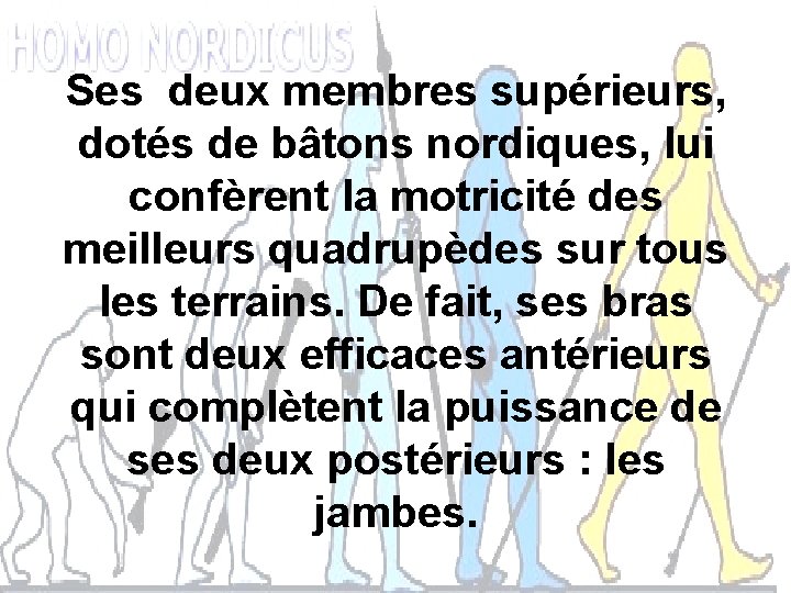 Ses deux membres supérieurs, dotés de bâtons nordiques, lui confèrent la motricité des meilleurs