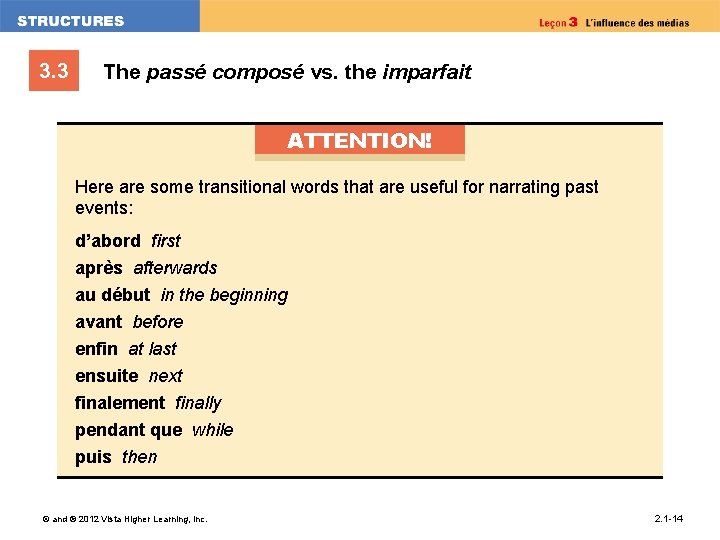 3. 3 The passé composé vs. the imparfait ATTENTION! Here are some transitional words
