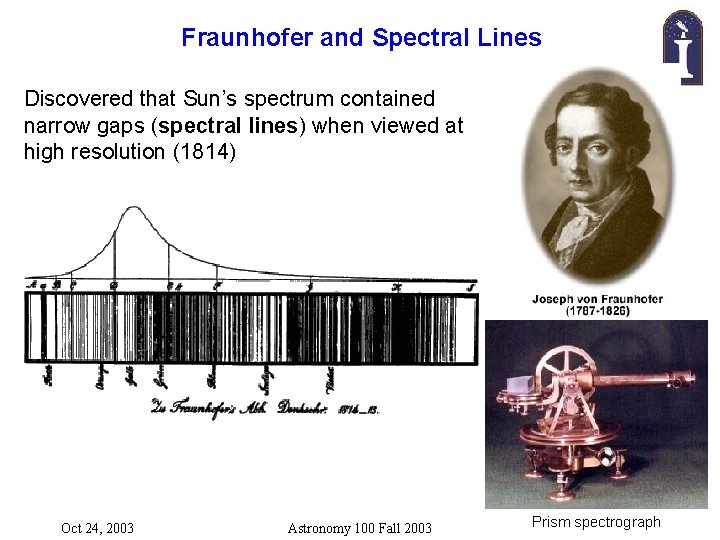 Fraunhofer and Spectral Lines Discovered that Sun’s spectrum contained narrow gaps (spectral lines) when
