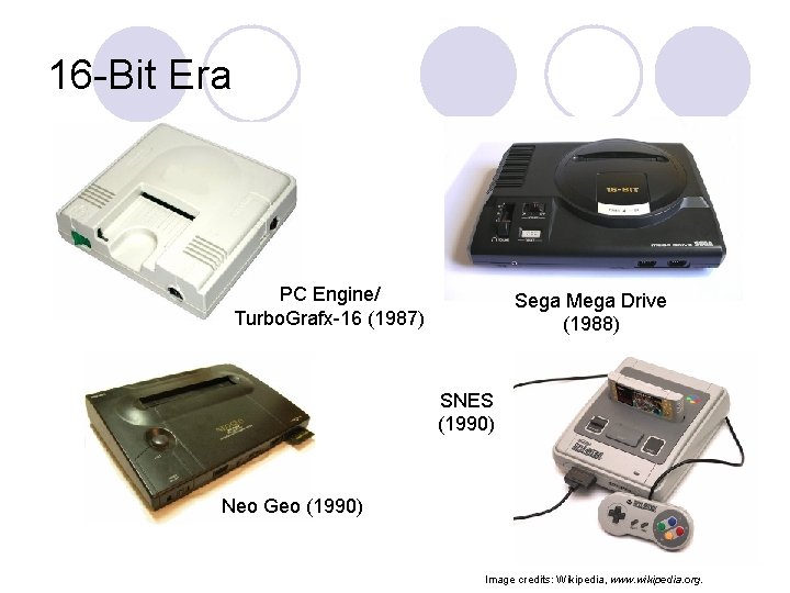 16 -Bit Era PC Engine/ Turbo. Grafx-16 (1987) Sega Mega Drive (1988) SNES (1990)