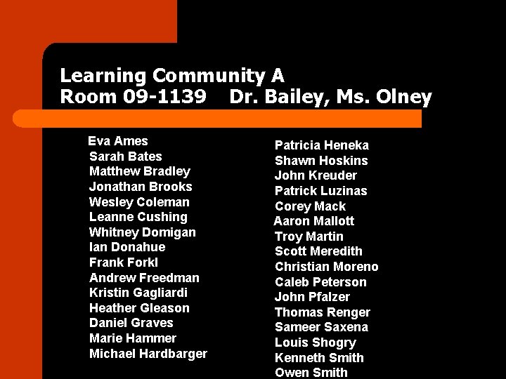 Learning Community A Room 09 -1139 Dr. Bailey, Ms. Olney Eva Ames Sarah Bates