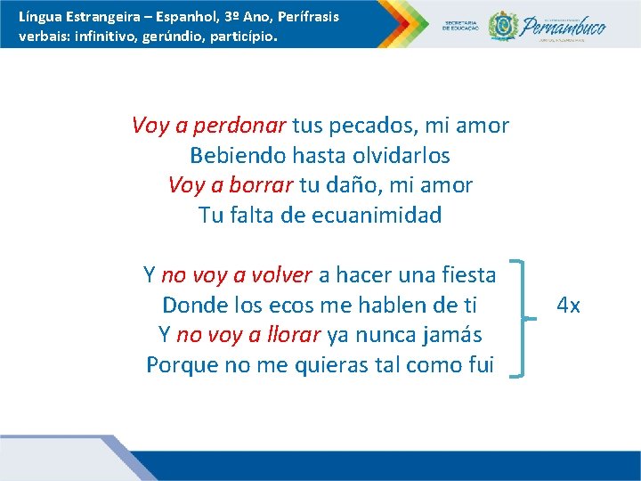 Língua Estrangeira – Espanhol, 3º Ano, Perífrasis verbais: infinitivo, gerúndio, particípio. Voy a perdonar