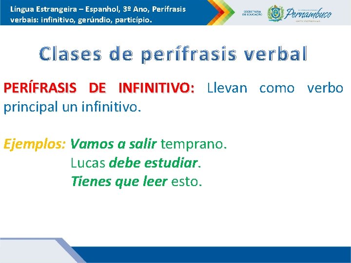 Língua Estrangeira – Espanhol, 3º Ano, Perífrasis verbais: infinitivo, gerúndio, particípio. Clases de perífrasis