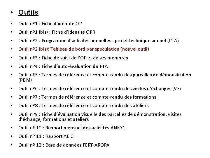  • Outils • Outil nº 1 : Fiche d’identité OP • Outil nº