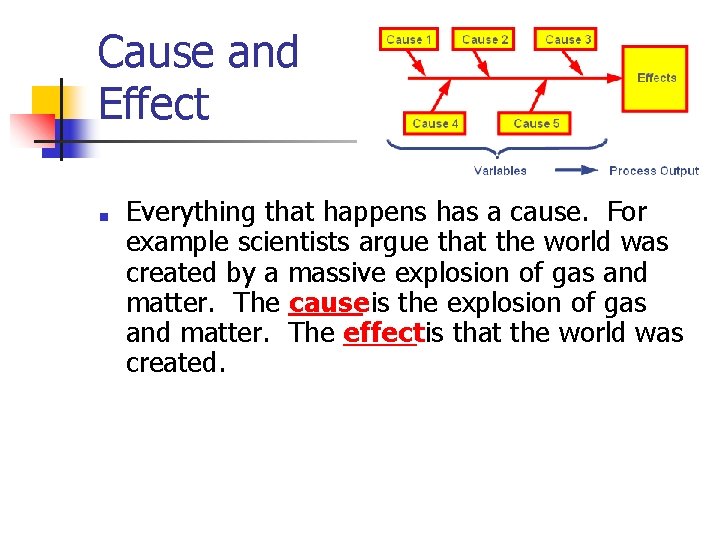 Cause and Effect ■ Everything that happens has a cause. For example scientists argue