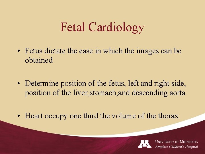 Fetal Cardiology • Fetus dictate the ease in which the images can be obtained