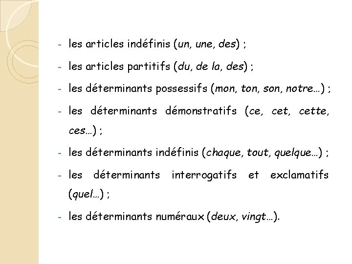 - les articles indéfinis (un, une, des) ; - les articles partitifs (du, de