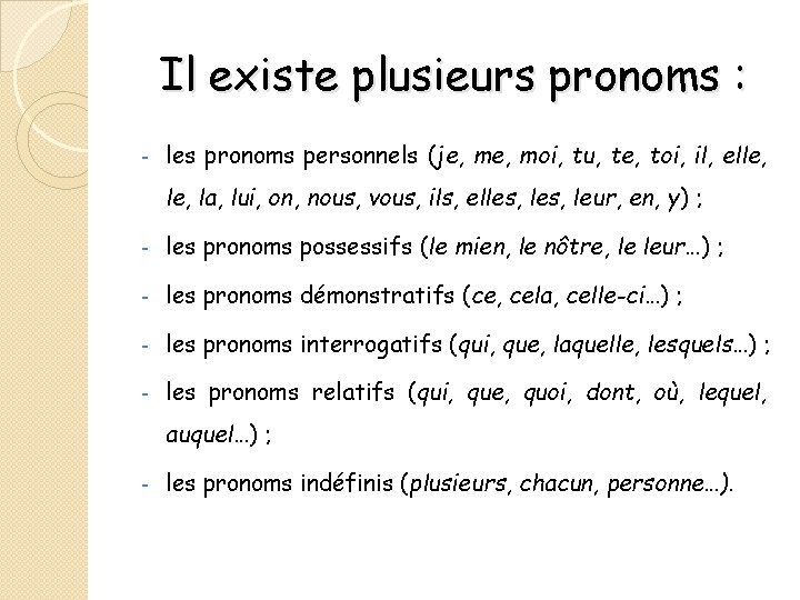 Il existe plusieurs pronoms : - les pronoms personnels (je, moi, tu, te, toi,