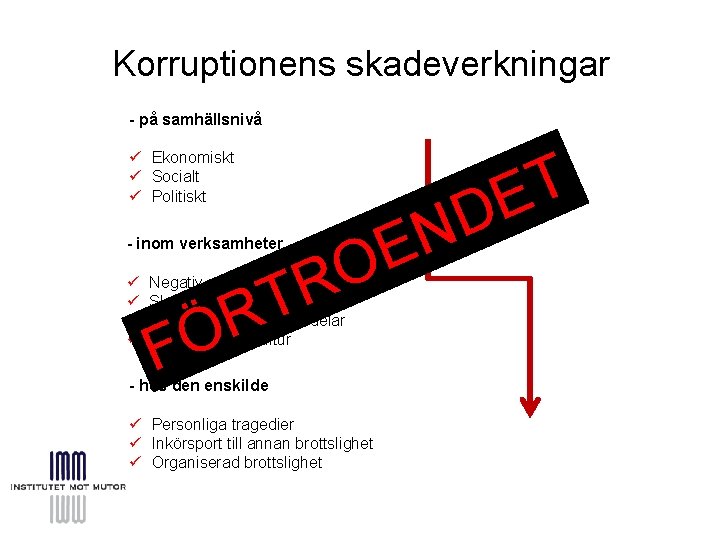 Korruptionens skadeverkningar - på samhällsnivå ü Ekonomiskt ü Socialt ü Politiskt ü ü D