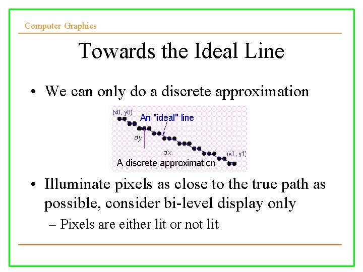 Computer Graphics Towards the Ideal Line • We can only do a discrete approximation