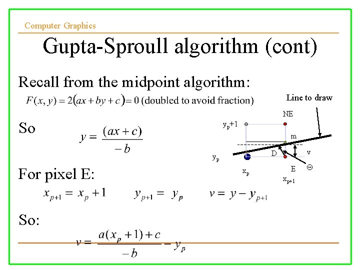 Computer Graphics Gupta-Sproull algorithm (cont) Recall from the midpoint algorithm: Line to draw NE