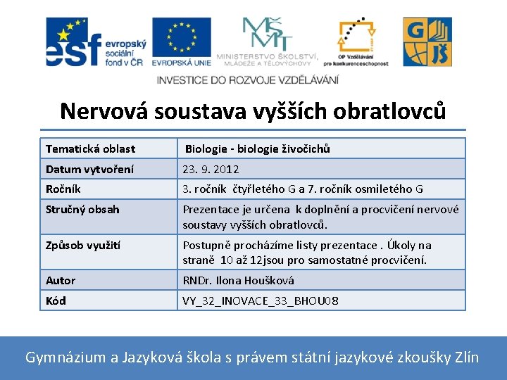 Nervová soustava vyšších obratlovců Tematická oblast Biologie - biologie živočichů Datum vytvoření 23. 9.