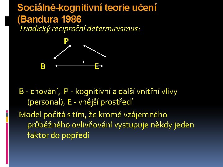 Sociálně-kognitivní teorie učení (Bandura 1986 Triadický reciproční determinismus: P B E B - chování,