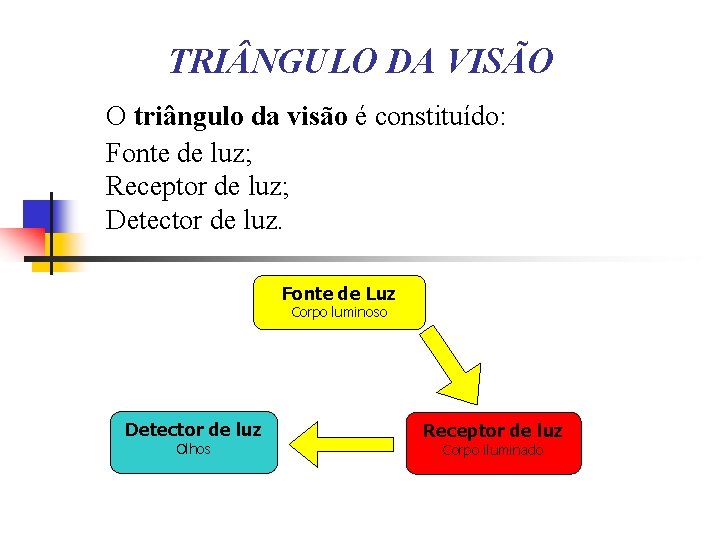 TRI NGULO DA VISÃO O triângulo da visão é constituído: Fonte de luz; Receptor