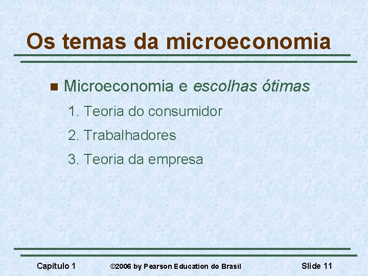 Os temas da microeconomia n Microeconomia e escolhas ótimas 1. Teoria do consumidor 2.