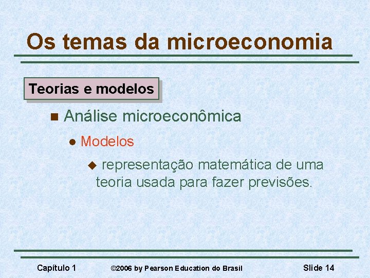 Os temas da microeconomia Teorias e modelos n Análise microeconômica l Modelos representação matemática