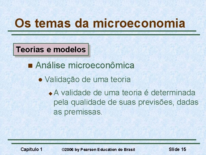 Os temas da microeconomia Teorias e modelos n Análise microeconômica l Validação de uma