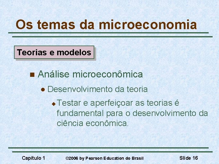 Os temas da microeconomia Teorias e modelos n Análise microeconômica l Desenvolvimento da teoria