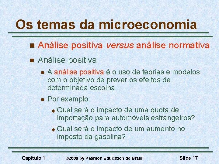 Os temas da microeconomia n Análise positiva versus análise normativa n Análise positiva l