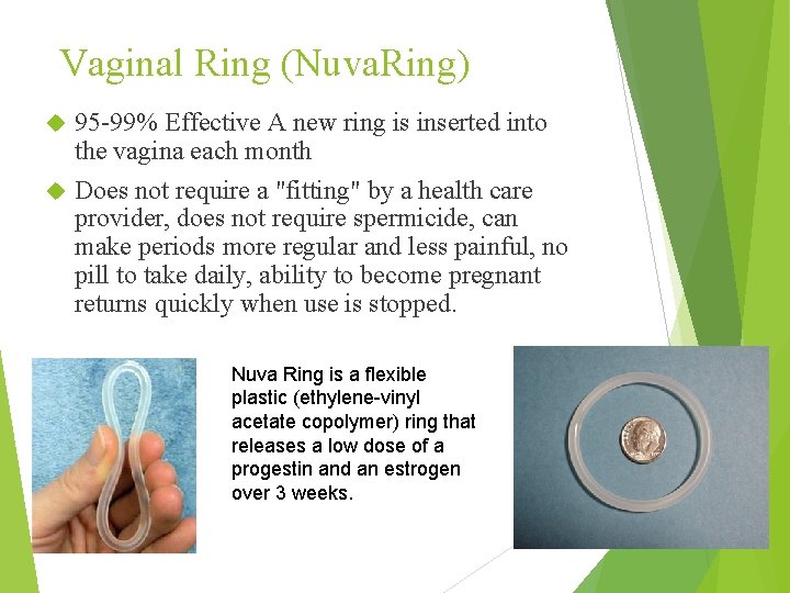 Vaginal Ring (Nuva. Ring) 95 -99% Effective A new ring is inserted into the