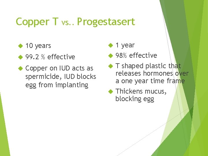 Copper T vs. . Progestasert 10 years 99. 2 % effective Copper on IUD