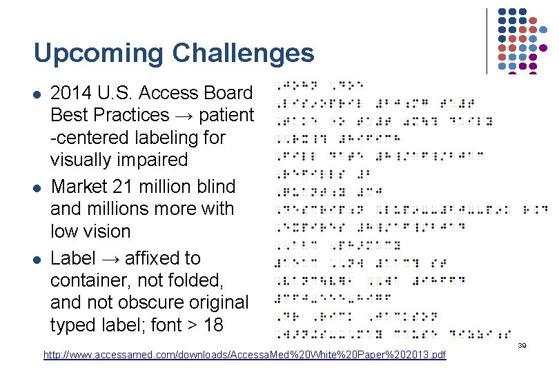 Upcoming Challenges l l l 2014 U. S. Access Board Best Practices → patient