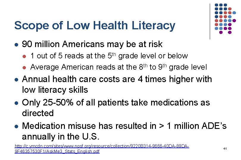 Scope of Low Health Literacy l 90 million Americans may be at risk l